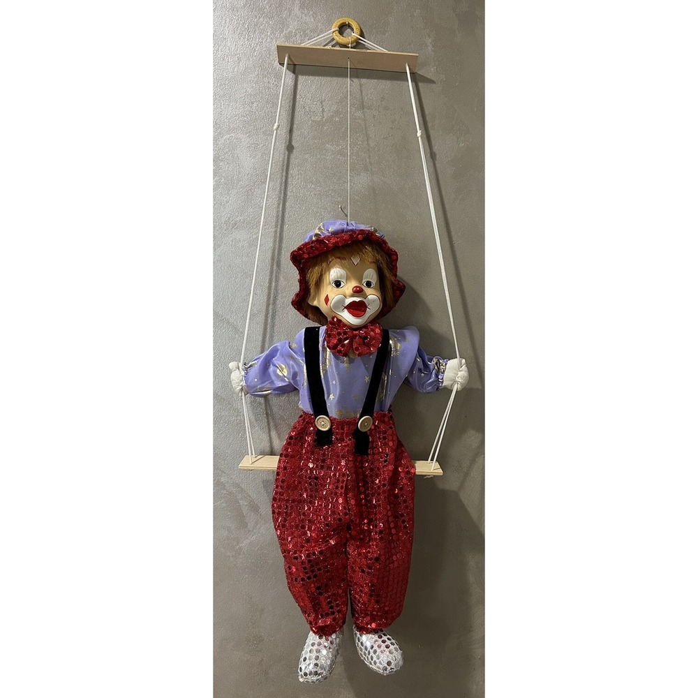 Swinging Porcelain Face Clown Sequin Wall Art Decor Unique Doll‎ Vintage Rare